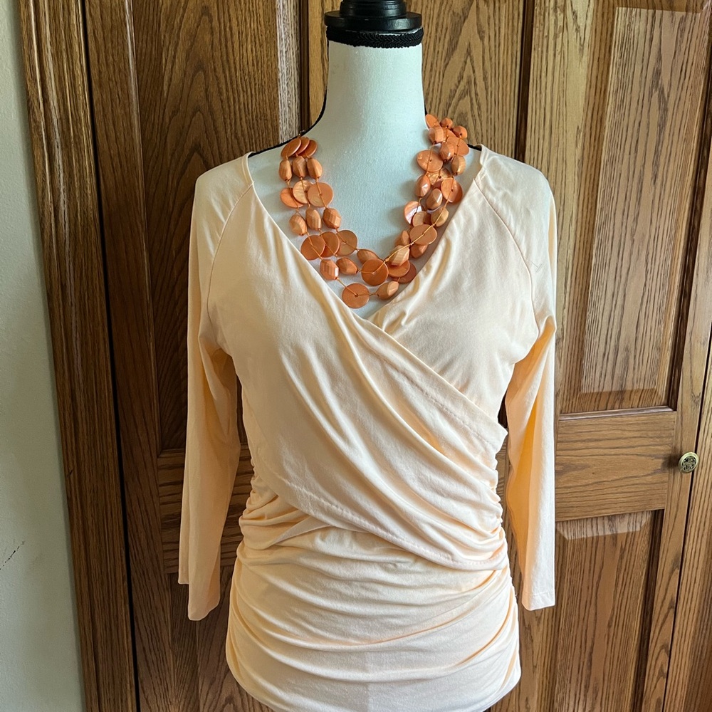 Sundance Champaign Color Top Vanessa Long Sleeve Tee Faux Wrap Ruching Medium